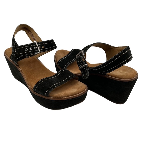 Clarks Shoes - Clarks Women's Artisan Black Suede Asiley Orchid Wedge Sandals Size 11W